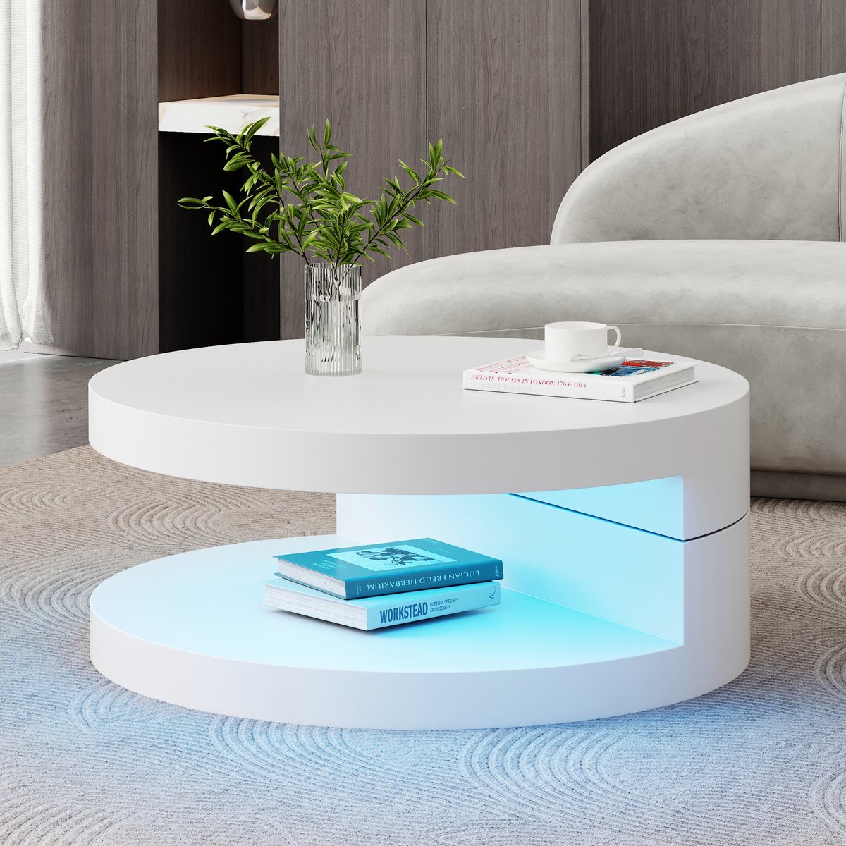 REDOM - Salontafel - 360° draaibare bovenplaat - LED-lichtstrip - Dubbele opbouw - Modern - Woonkamer - MDF - Wit - 70 x 70 x 35,5 cm