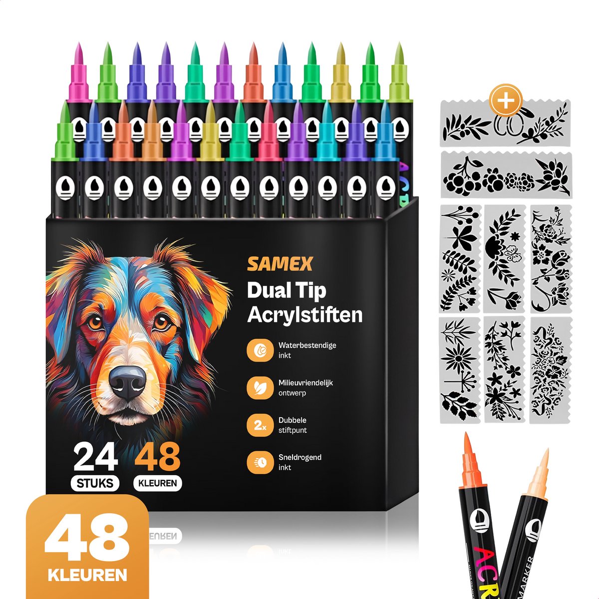 Samex Dualtip Acrylstiften – 48 kleuren – inclusief sjablonen - verfstiften Happy Stones