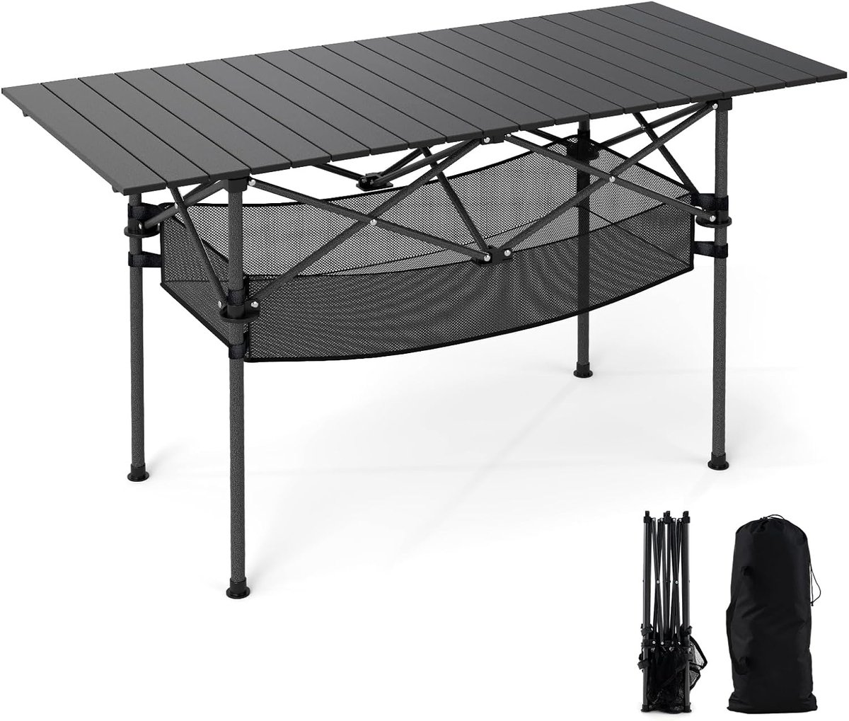 KOMFOTTEU Klaptafel van aluminium, draagbare campingtafel met luierplaat, netmand en draagtas, ruimtebesparende picknicktafel voor buiten, 119 x 55 x 69 cm (zwart)