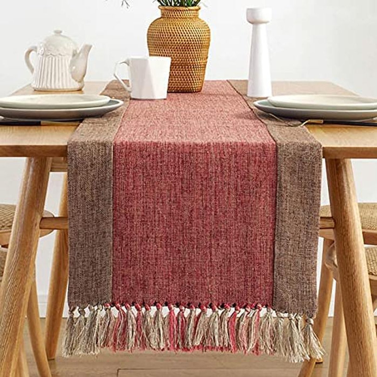 Tafelloper van Katoen Linnen met Tassels voor Eettafel - Rood Bruin, 38 x 200 cm