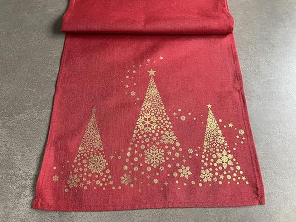 Elegante Kerst Tafelloper met Gouden Kerstboom - 140 x 40 cm