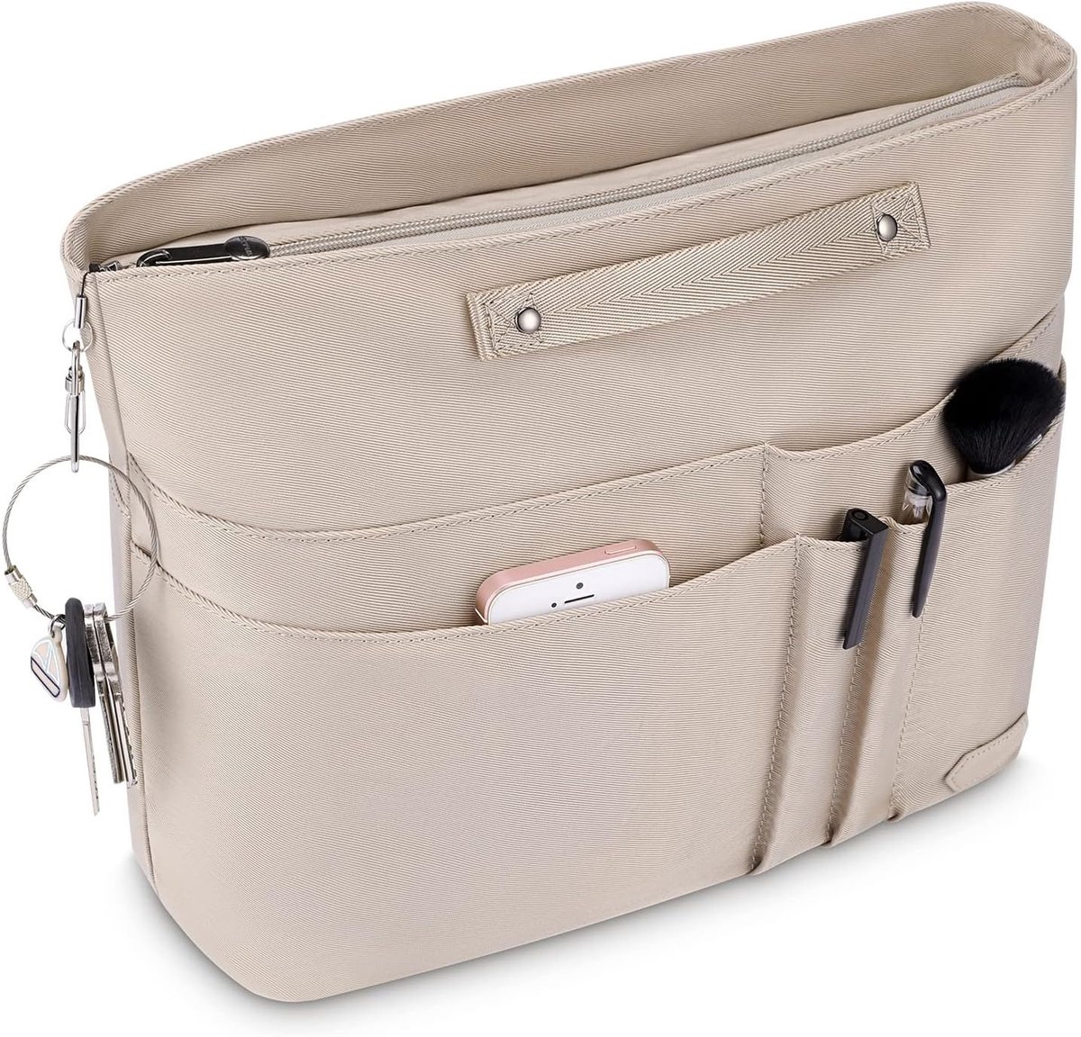 Tas Organisator met 15 Vakken - Bag in Bag Organizer - Beige Nylon - Waterafstotend met Rits & Sleutelring - Handtas Organizer voor Shoppers & Totes