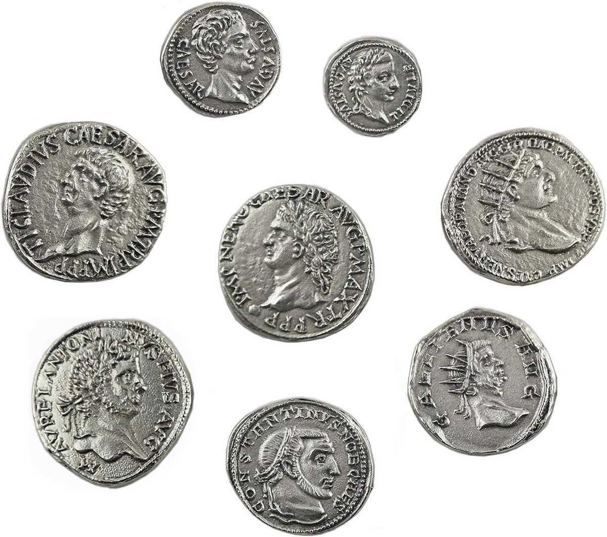 Set van 8 Verzilverde Replica Romeinse Keizermunten - Historische Oudheid Collectie