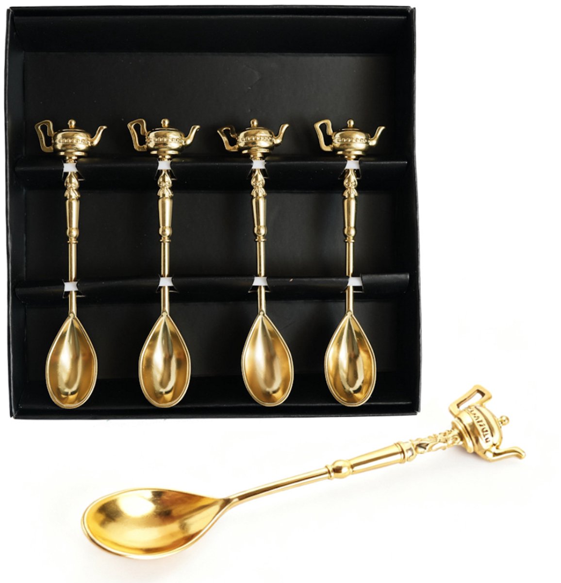 Decopatent - 4x Koffiepot Koffielepels / Theelepels Goud - RVS Koffie & Thee Lepeltjes met Koffiepot - Goud kleurig