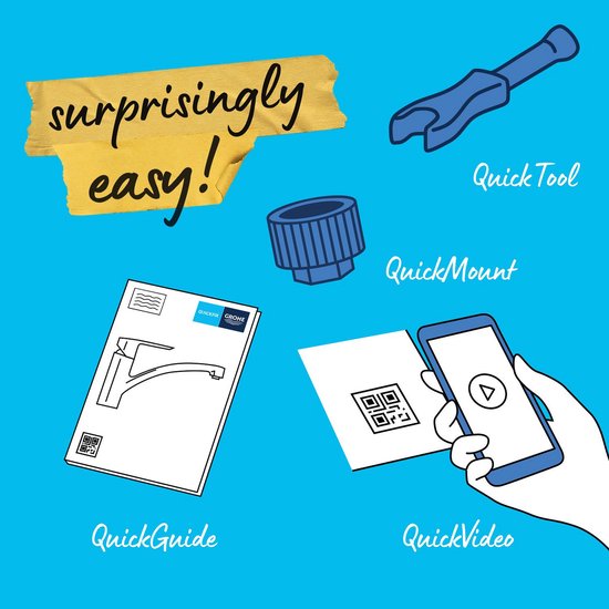 Illustratie met kraanonderdelen: "Quick Tool", "Quick Mount", "Quick Guide" en "Quick Video" met QR-code.