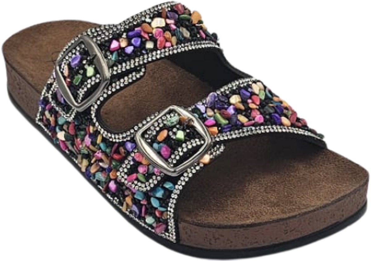 Berussa-Pienn Luxury-Dames Sloffen- Dames Slippers - Luxe Glinsterende Stenen - Dubbele Gesp - Anatomisch Voetbed -Zachte zool- Maat 36-40 - Handgemaakt in Turkije