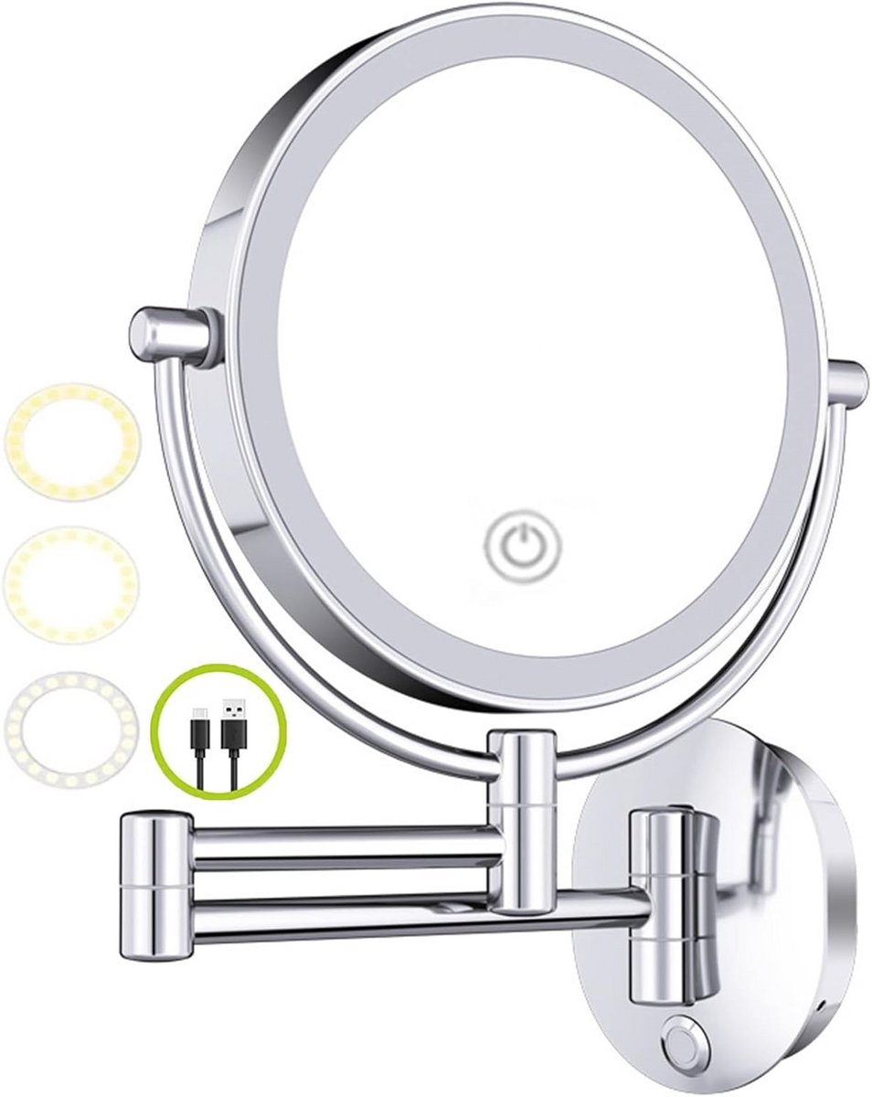 Wandgemonteerde LED Make-up Spiegel Chromen 8 Inch Dubbelzijdig Verstelbaar met 3 Kleuren Licht
