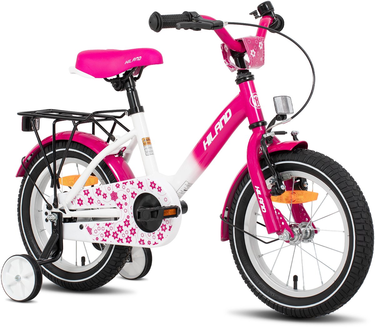 Hiland Starry Meisjesfiets - 12 Inch - Inclusief Zijwieltjes & Bagagedrager - Handrem & Terugtraprem - Roze - Geschikt voor buitenactiviteiten in de lente
