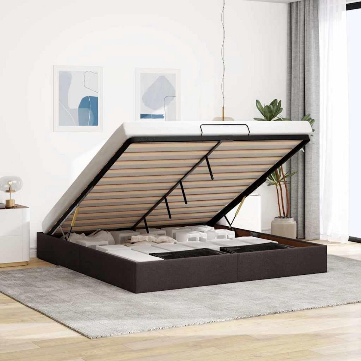 Bedframe met Opbergruimte 180x200 cm Donkerbruin Stoffen Gestoffeerd Slaapkamer