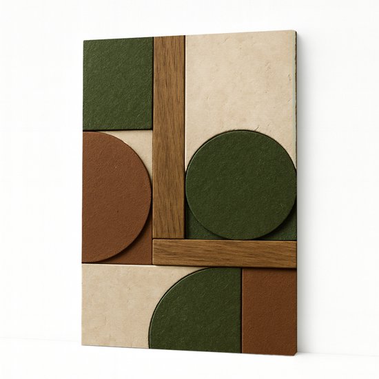 Objet d'art abstrait avec des cercles, carrés et rectangles bruns, verts et beiges.
