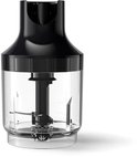 Zwarte Philips staafmixer met transparante hakmolen en zilverkleurige mesjes.