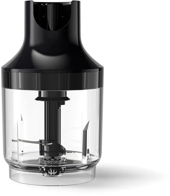 Zwarte Philips staafmixer met transparante hakmolen en zilverkleurige mesjes.