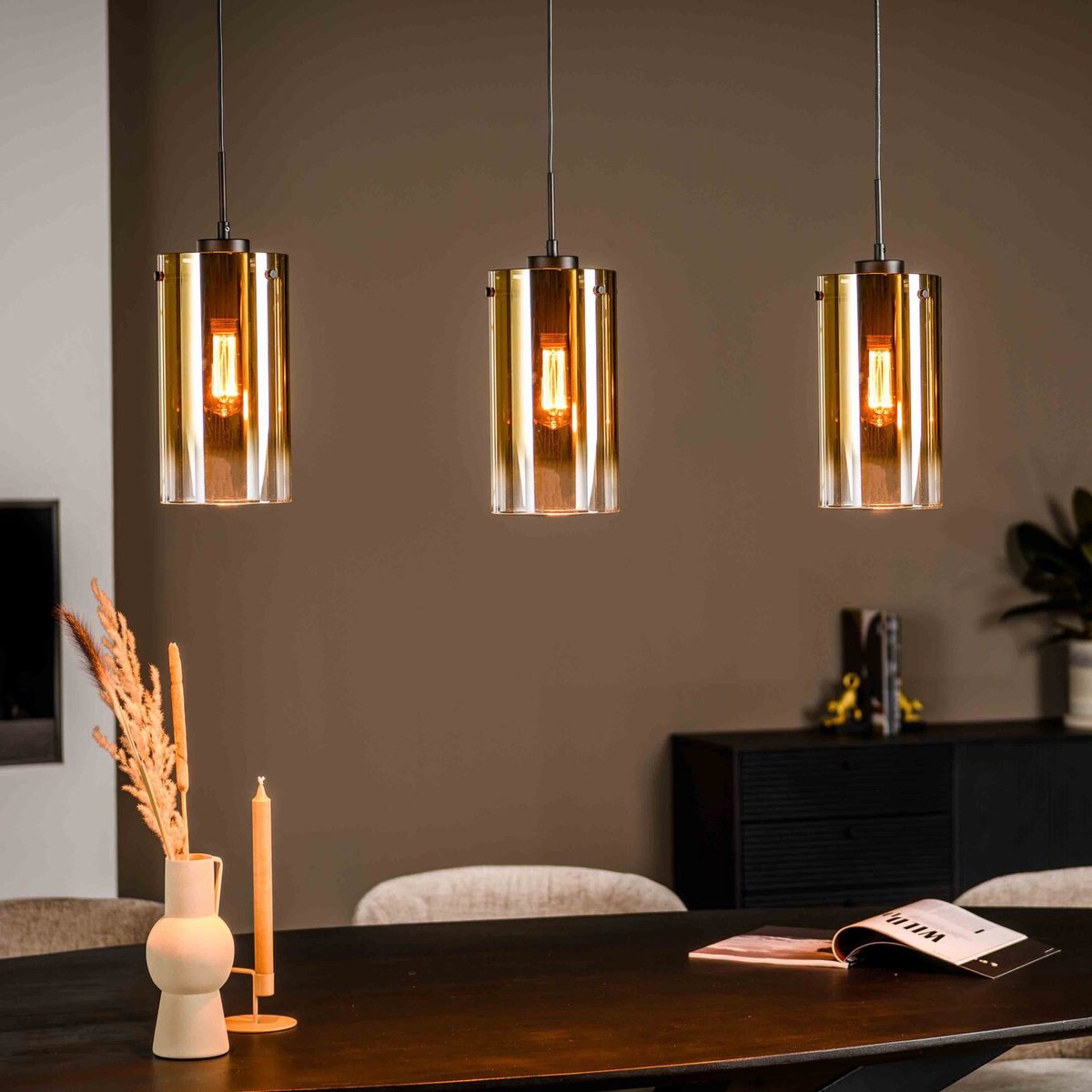 Hanglamp 3-Lichts Goud - Glas - 100x15x165cm - Hanglamp Honiton - Giga Meubel