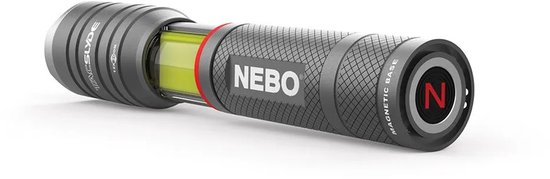 Grijze Nebo Tac Slyde zaklamp met rode ring, magnetische basis en "N"-logo.