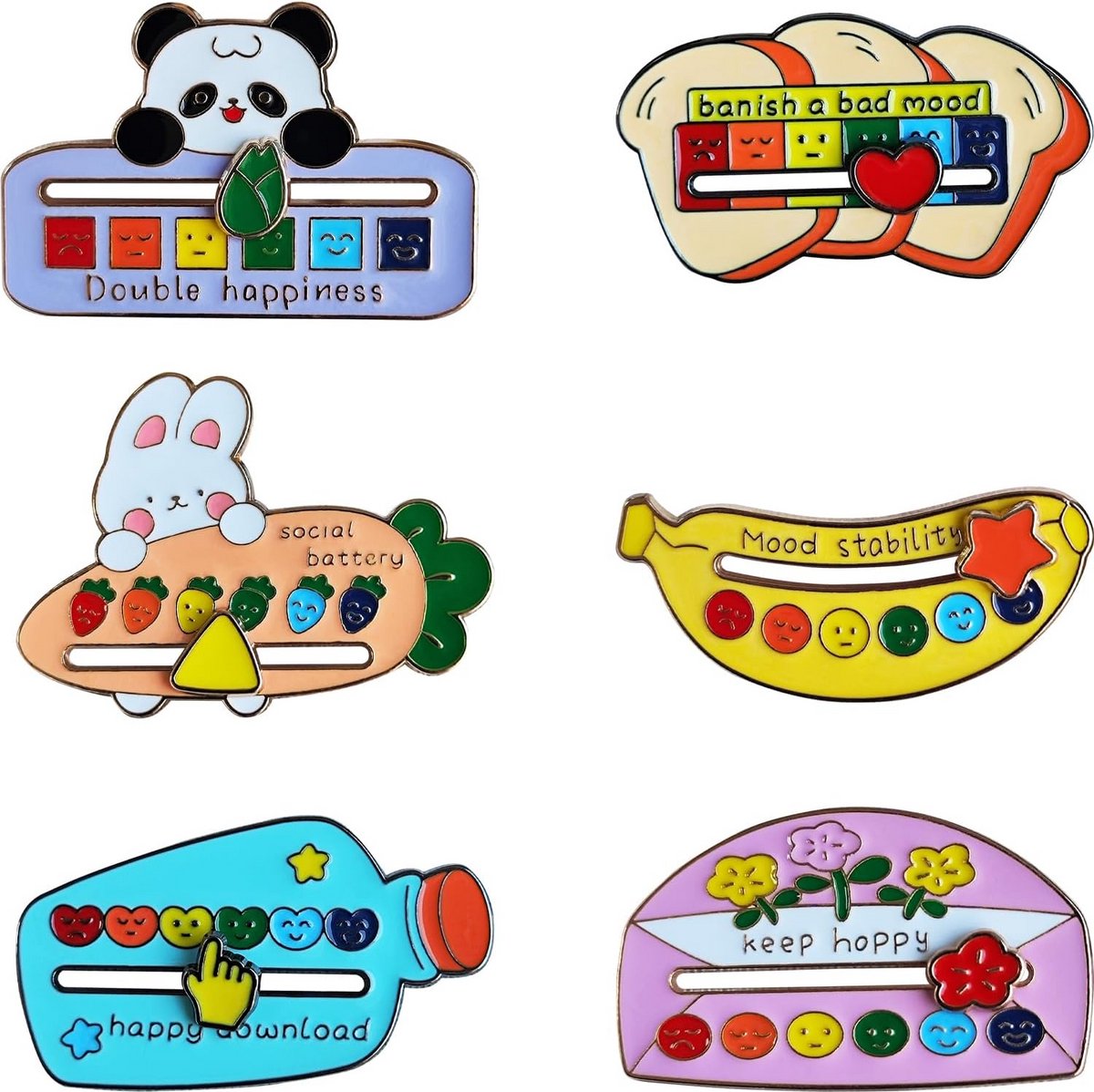 Set van 6 Grappige Emoji Draaiende Emotie Broche Spelden voor Tassen en Kleding - Non-verbale Communicatie