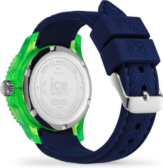 Achterkant van een blauw horloge met neon-groene kast en donkerblauwe band.