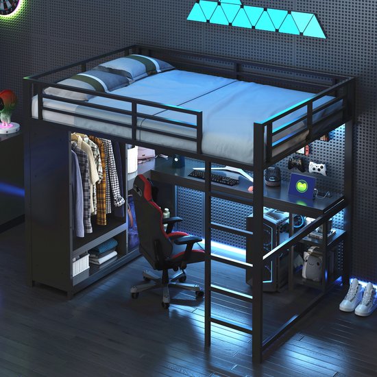 Lit mezzanine 140x200 - avec éclairage LED - bureau - armoire ouverte et casiers de rangement - noir