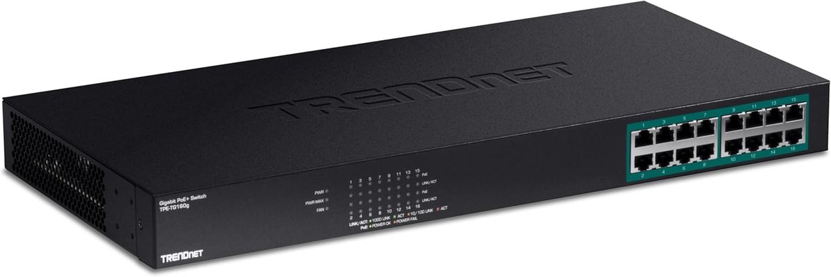 Netwerk Switch - Gigabit PoE+ - Netwerk Uitbreiding - 16 Poorten - 32 Gbit/s - Metaal