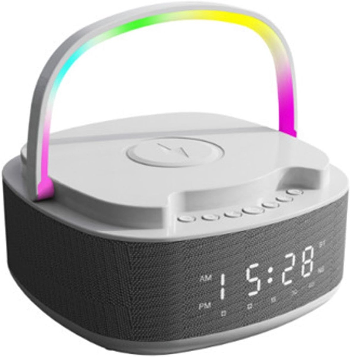 Digitale Wekker - Nachtkastklok Radio - Opladen Ontwaken - 15W Draadloze Lader - 18cm Breed 18cm Hoog - Wit Grijs