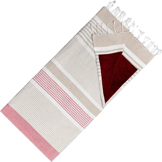 Dubbelzijdige Hamamdoek - Kikoy Badstof - Strand en Sauna - 100% Katoen Kwaliteit - 95 x 175 cm - Beige Burgundy