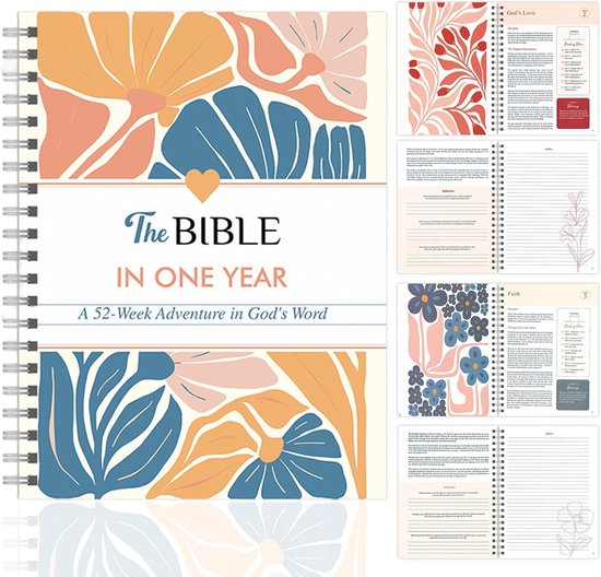 Boek met bloemenkaft toont binnenpagina's met tekst en bloemendessins in roze, blauw en oranje.