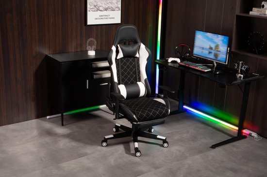 Ergonomische Gamestoel - Comfortabele Stoel - Lang Zitten - Inklapbare Voetensteun - 58 x 67 x 136 cm - Zwart Wit — afbeelding 5