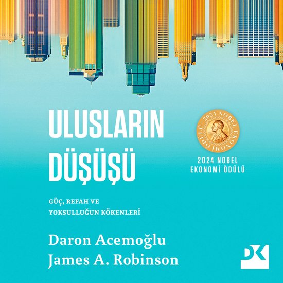 Livre 'La Chute des Nations' avec le titre en gros caractères, le sous-titre et les noms des auteurs. À droite, une médaille avec le 'Prix Nobel d'Économie 2024'. L'arrière-plan montre une silhouette stylisée de bâtiments.