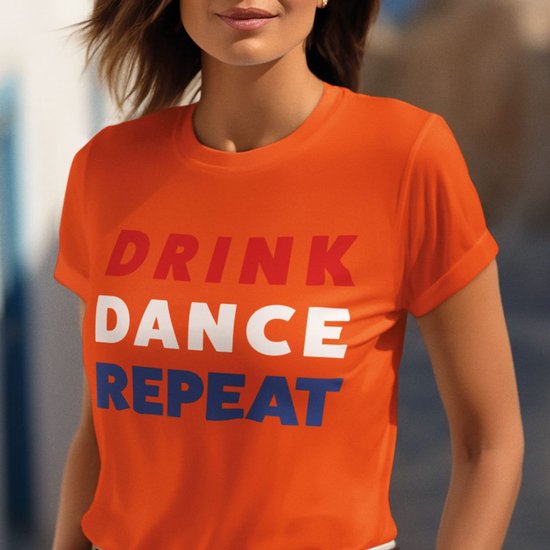 Oranje Koningsdag Dames T-Shirt Drink, Dance, Repeat XS