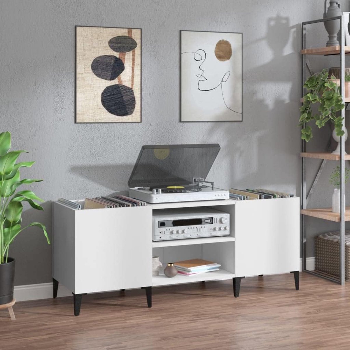 Plaatjeskast - Muziek Opslag - Vinyl Collectie - Multiplex Constructie - 121 x 38 x 48 cm - Wit