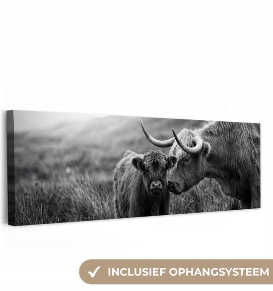 Canvas schilderij 120x40 cm - Exclusieve wanddecoratie Schotse hooglander - Kalf - Zwart - Wit - Muurdecoratie woonkamer - Slaapkamer decoratie - Kamer accessoires - Schilderijen op canvas