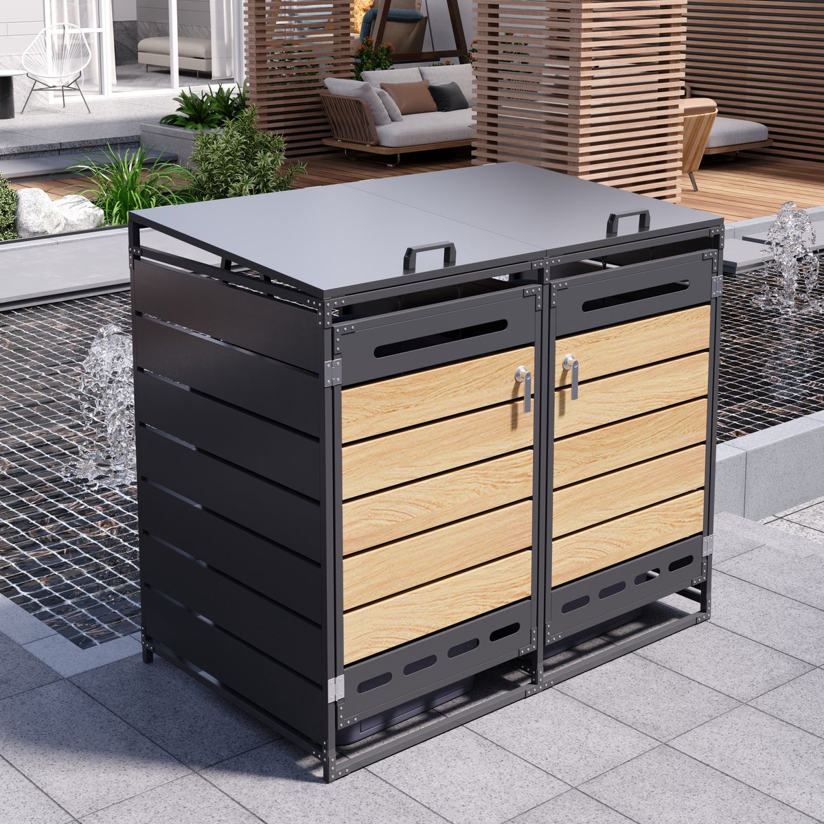 OKWISH Containerombouw – Hydraulisch Deksel – 2 Vakken – IJzer – Zwart – Voor Tuin En Terras – Met Slot