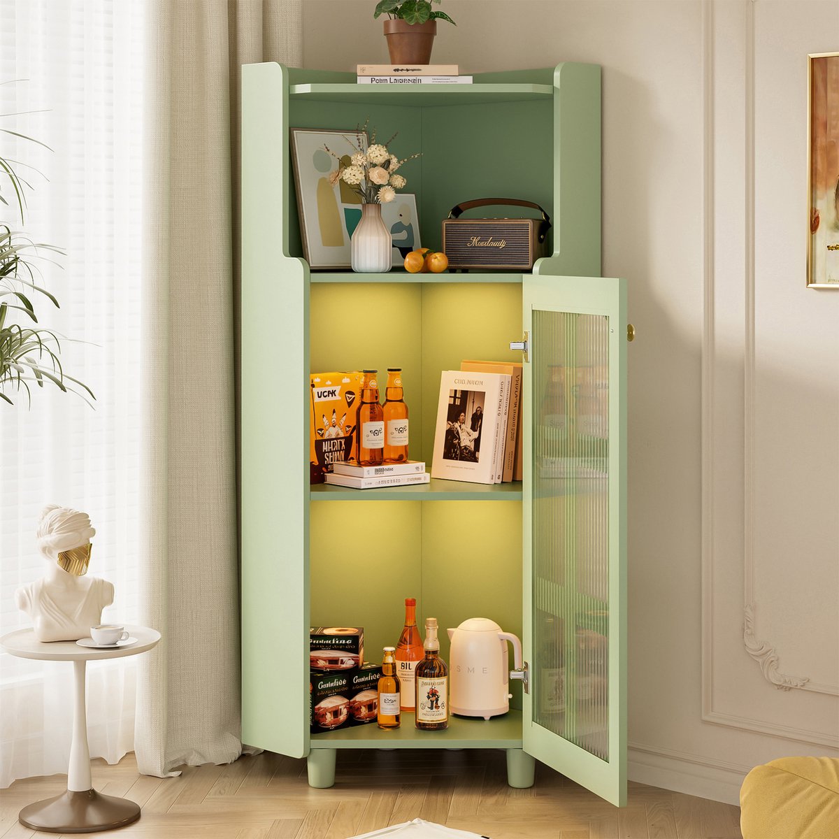 MODENUIT Hoekkast - Ledverlichting En Opbergruimte - Voor Badkamer En Woonkamer - Groen MDF - 63,5x124 Cm Hoog