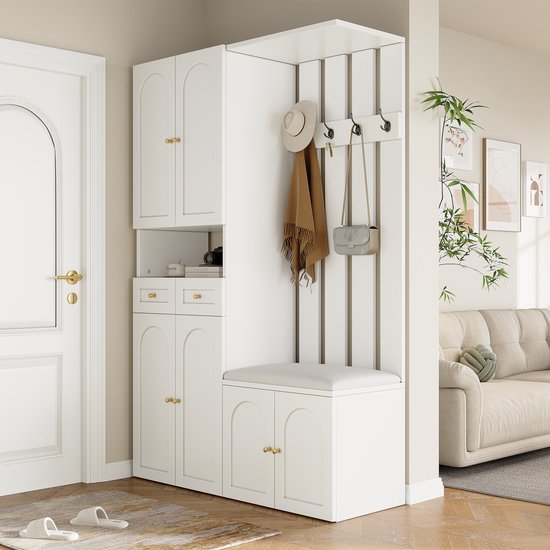 MODENUIT Garderobeset - Schoenenbank, Schoenkast En Kapstok - 6 Deuren, 2 Lades, 4 Haken - Wit - 110x37x180 Cm