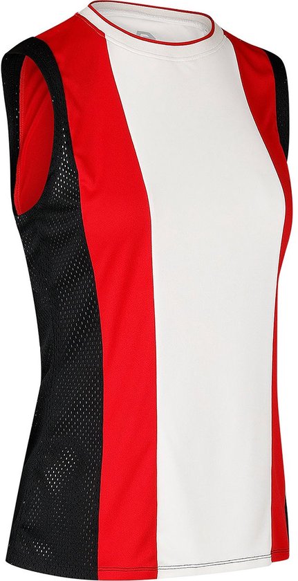 Vue de côté du haut de sport sans manches blanc, rouge et noir avec côtés en maille.
