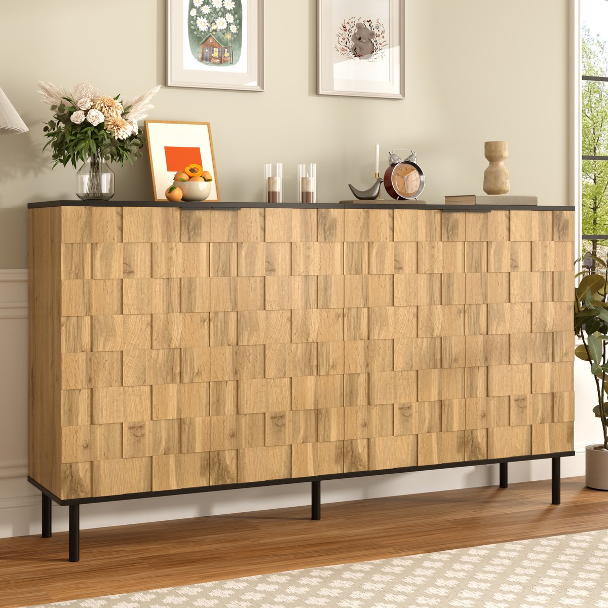 HAUSS SPOLE Dressoir - Mosaïek Front Met 2 Deuren En Opbergruimte - Voor Woonkamer En Hal - Spaanplaat En Metaal - 160x35x80,5 Cm Natuurlijk