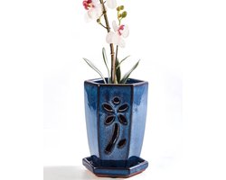 Keramische Bloempot - Orchidee Potten - Planten Verzorgen - Met Afvoer Gat - 10x12cm - Blauw