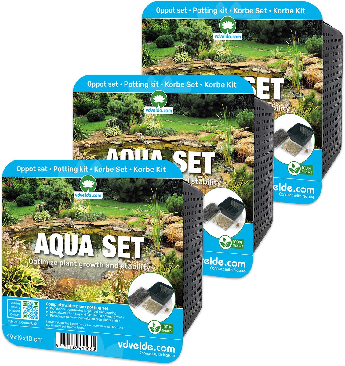vdvelde.com - AQUA SET vijverplanten compleetset 19x19x10 cm - 3 stuks - Vijvermanden incl. substraat, klei, meststof en grind - Direct plantklaar voor waterplanten