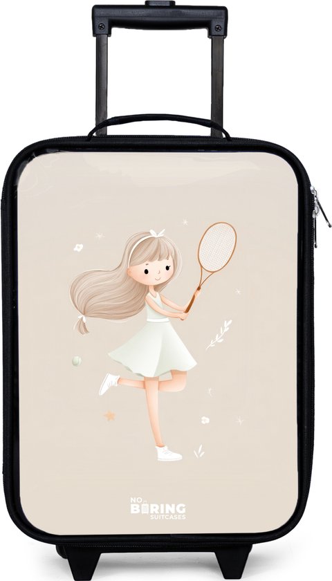 NoBoringSuitcases.com® - Kinderkoffer jongen - Kindertrolley meisje - Meisje speelt tennis in beige kleuren - Koffer kind lichtgewicht - Reiskoffer trolley voor kinderen - Koffertje met lichtgevende wieltjes - Rolkoffer zwart