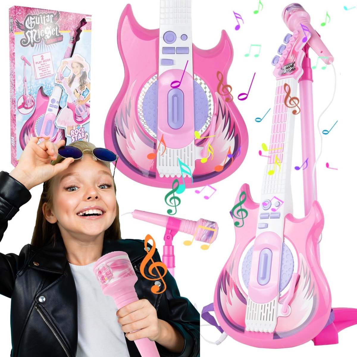 Playos® - Gitaar met Microfoon - Roze - met Aansluiting voor Smartphone -