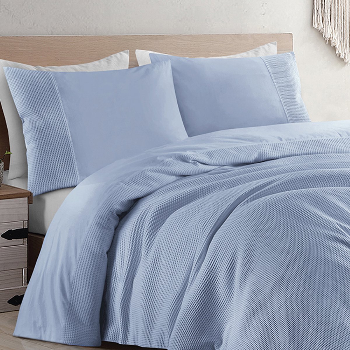 Zavelo DeLuxe Waffle Dekbedovertrek Lichtblauw-2-persoons (200 x 200/220 cm)