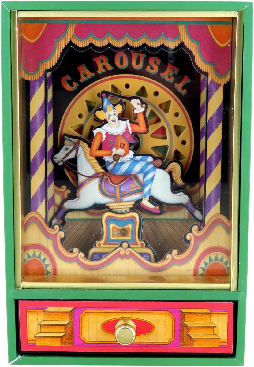 Houten Muziekdoos - Circus Decoratie - Vrolijke Melodie - Geanimeerde Clown - 9.5 x 6.7 x 14.6 cm