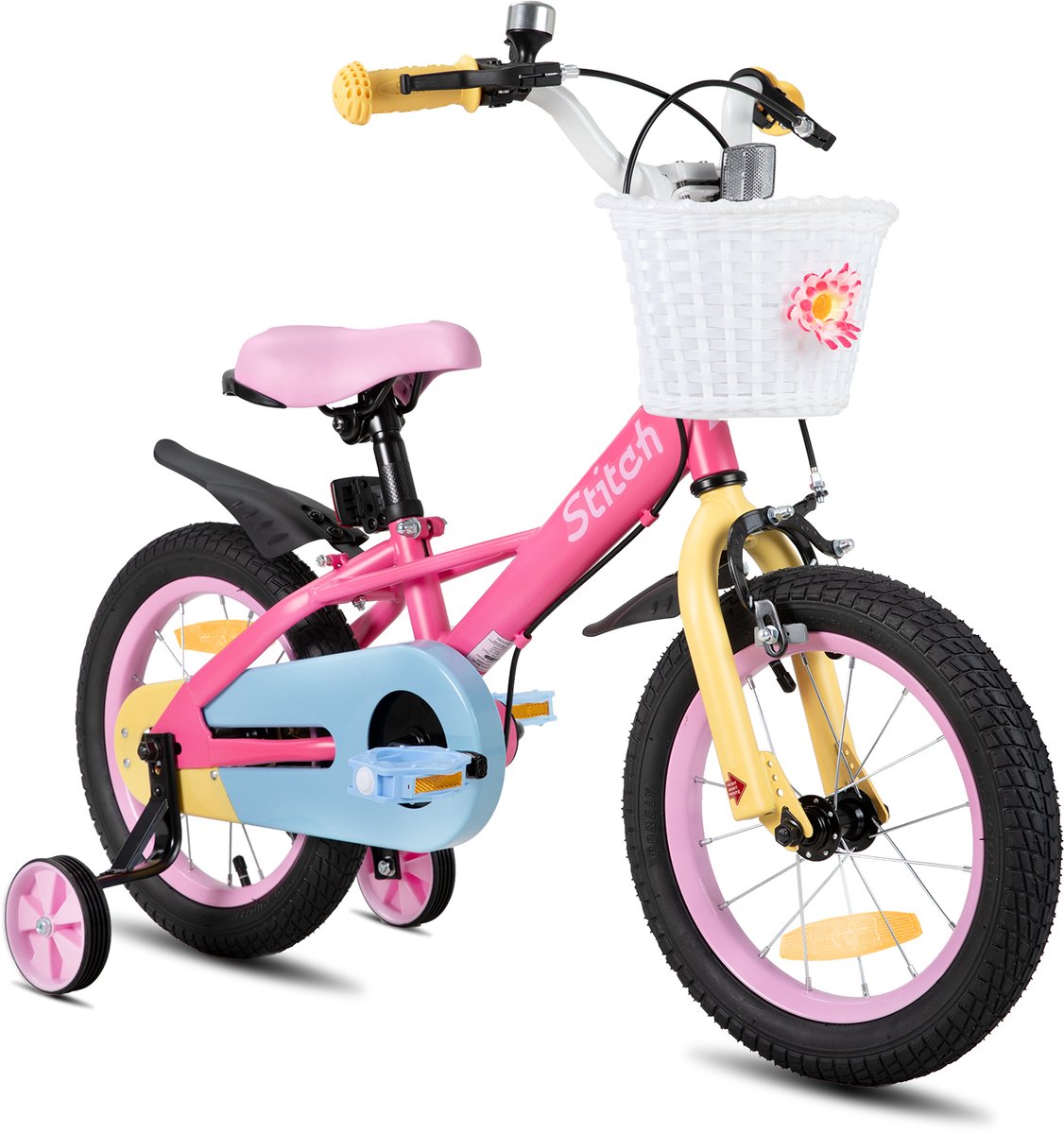 STITCH Macaron Kinderfiets - 12 / 14 / 16 / 18 Inch - Voor Meisjes & Jongens (2-9 Jaar) - Met Mandje & Zijwieltjes - Geschikt voor buitenactiviteiten in de lente