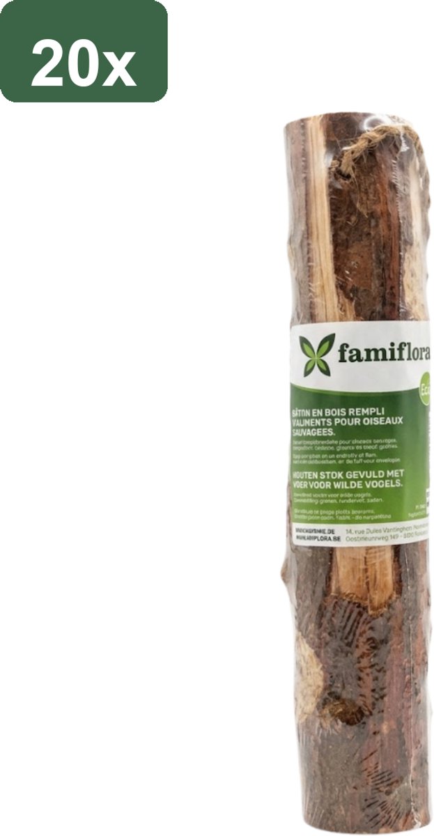 Famiflora voederstok voor buitenvogels - 20 stuks (5.4KG) - Hout - Gevuld met zaden - Voor tuinvogels - 100% natuurlijke materialen - Gevuld met talg en zaden - Aanvullend voeder