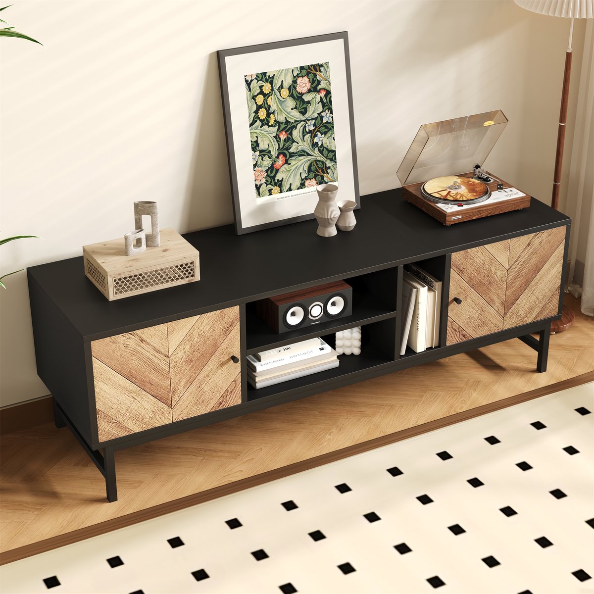 MODENUIT Tv-meubel - 2 Deuren En 3 Vakken - Voor Woonkamer - Spaanplaat En Metaal - 150x38x55 Cm - Zwart
