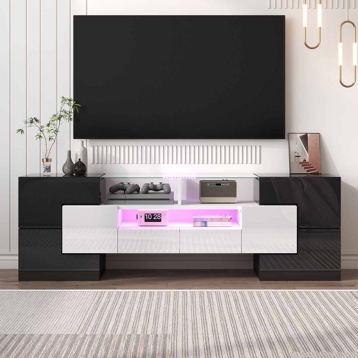 MODENUIT Tv-Meubel - Ledverlichting En Opbergruimte - Voor Woonkamer - Spaanplaat Wit En Zwart - 145x30x51 Cm wit+zwart