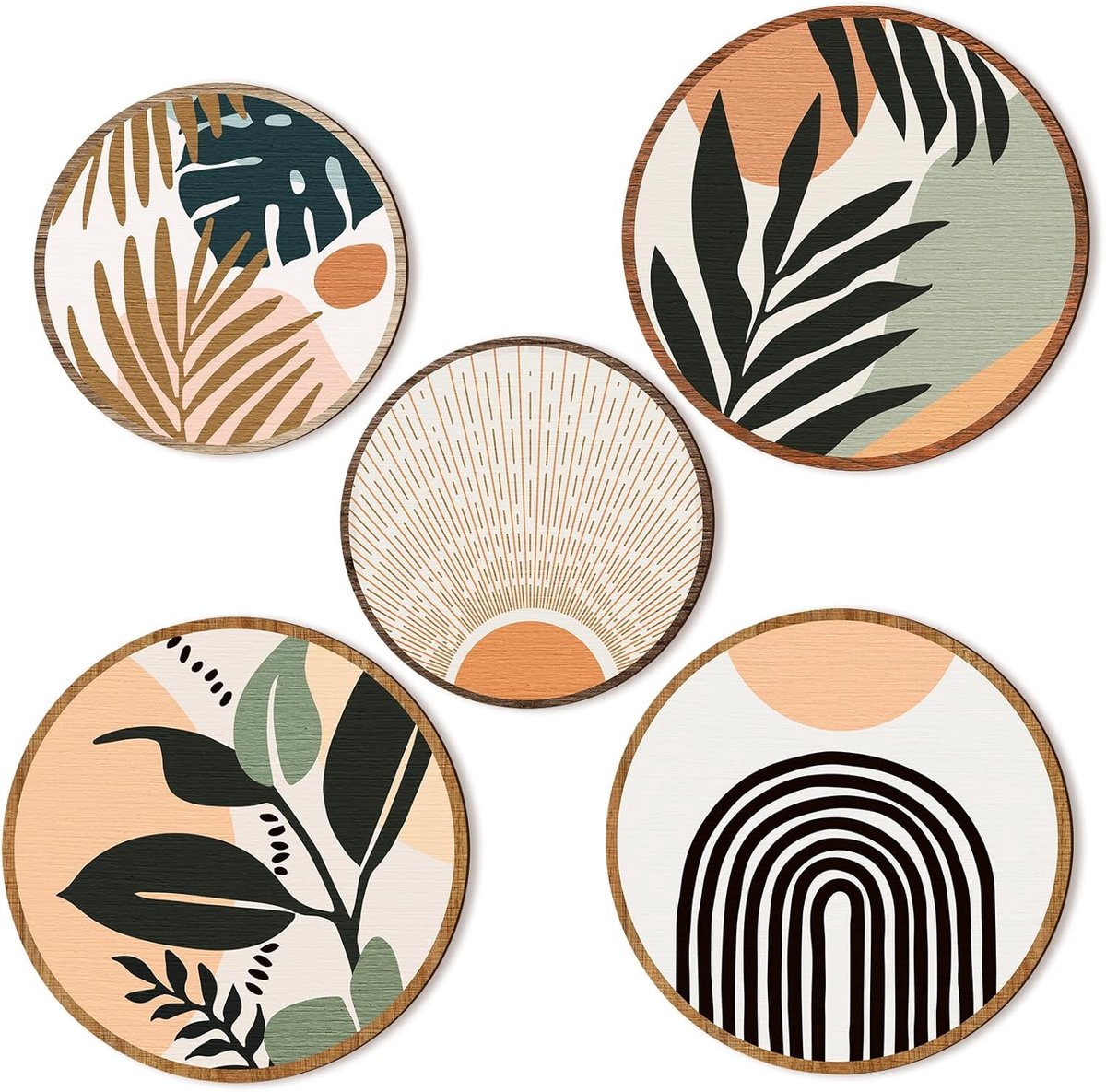 Boho Muurdecoratie Set - Houten Wandkunst - Woonkamer Decoratie - Set van 5 Stuks - 25 en 20 cm