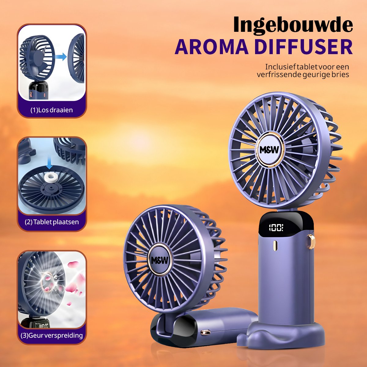 Oplaadbaar USB Handventilator - Draagbare Mini Ventilator met Standaard, Telefoonhouder en Nekkoord - 3 Standen - 3000 mAh - Voor Thuis, Kantoor, Onderweg, Vakantie en Festival - Paars — afbeelding 6
