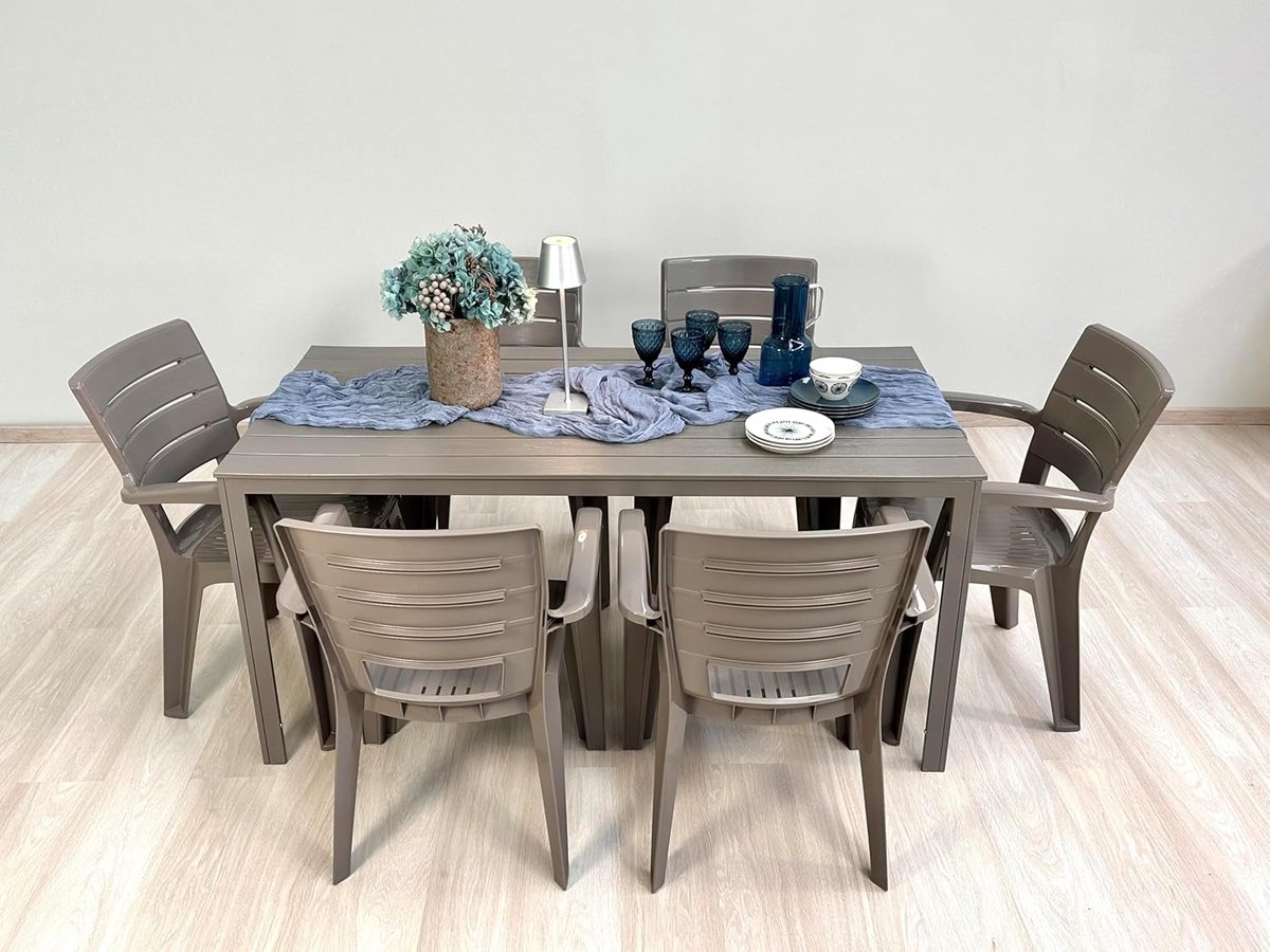 Tuinset 6 Personen – Luxe Tafel Thomas met 6 Stoelen Anita in Taupe – Duurzaam IJzer & Hars Frame, Modern Design, Weerbestendig Buitenmeubilair voor Tuin en Terras | House&Garden