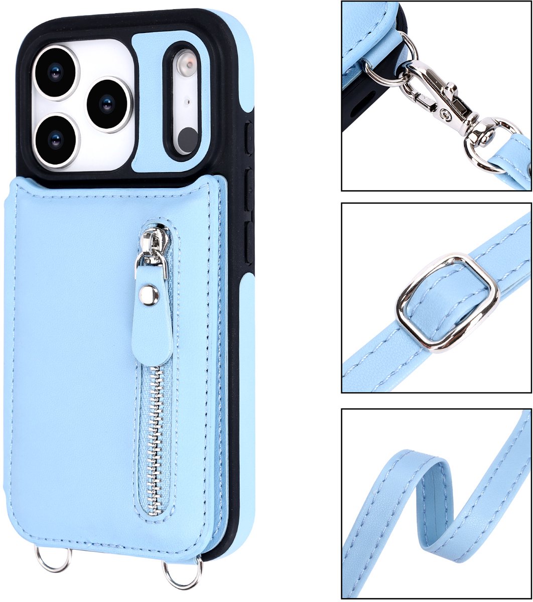 Casemania Hoesje Geschikt voor Apple iPhone 17 Pro - Licht Blauw - Luxe Back Cover met Koord en Rits - Wallet Case met Pasjeshouder - Lanyard Telefoonhoes - Cord Case