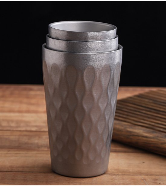 3 stuks dubbelwandige roestvrijstalen bekers 300 ml + 350 ml + 450 ml - Gehamerde geïsoleerde metalen bekers - Onbreekbare stapelbare waterbekers voor bier drankjes en feestjes - Zilver — afbeelding 2